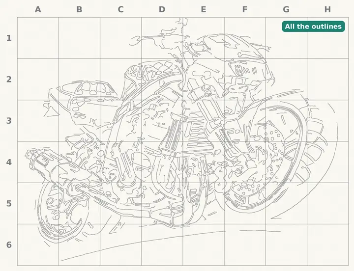 Step 5: the whole motorcycle drawn as light pencil outlines inside the large grid.