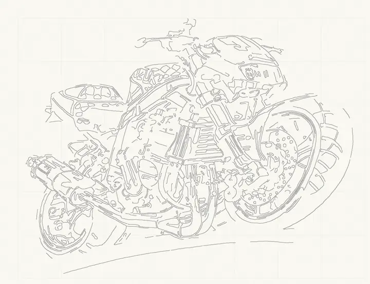 Step 6: the motorcycle outline in pencil on clean paper, with the grid erased so only a faint trace remains.