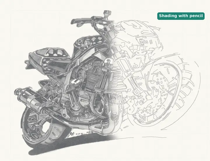 Step 7: pencil shading added to the left half of the motorcycle drawing, while the right half is still only outlines.