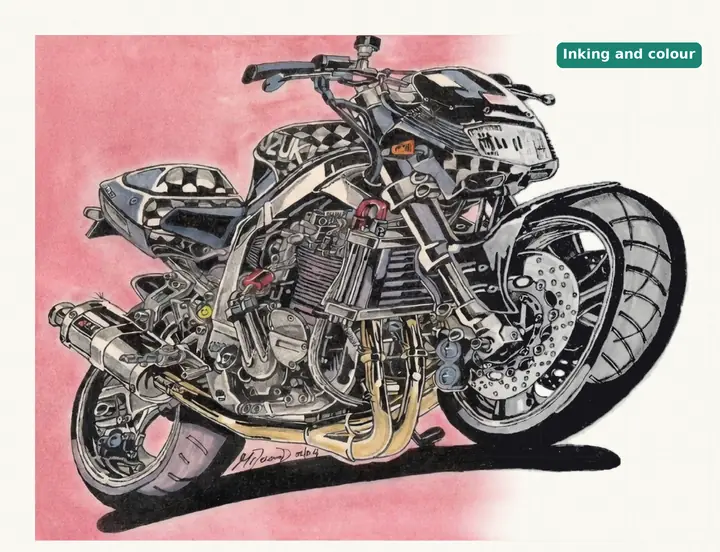 Step 8: the motorcycle fully shaded and inked in black, with color and the pink background added to most of the picture and the right edge still plain paper.