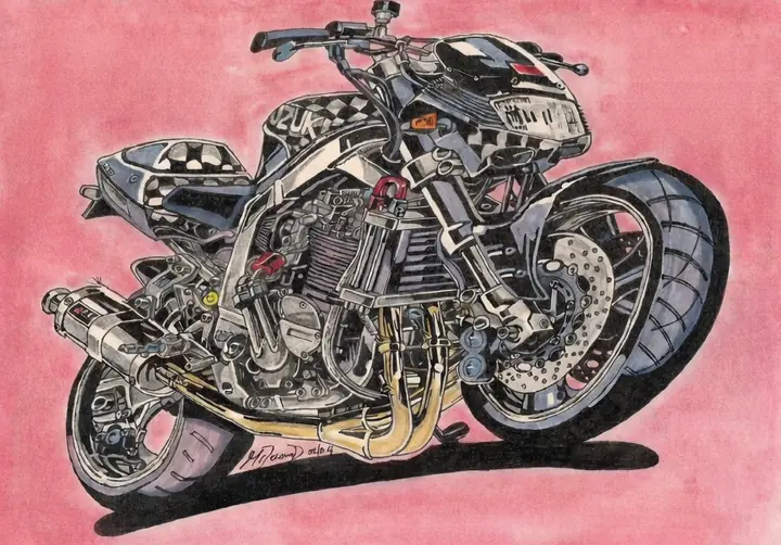 Step 9, the finished original drawing: a hand-drawn cartoon of a motorcycle with exaggerated proportions, a huge front tire and a mass of shiny engine detail, drawn in pencil and black pen and colored, on a pink chalk background.