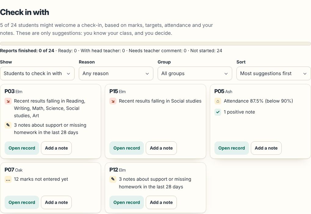 At a glance: suggestions for which made-up students to check in with, with the reasons written out.