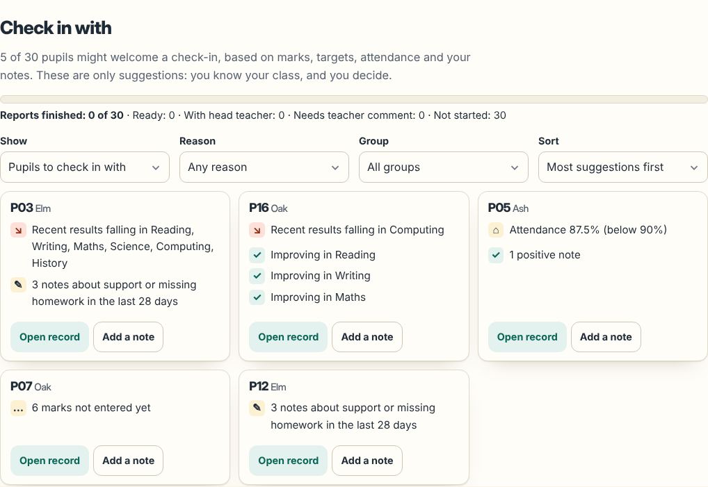At a glance: the tool suggests which made-up pupils to check in with, and says why.