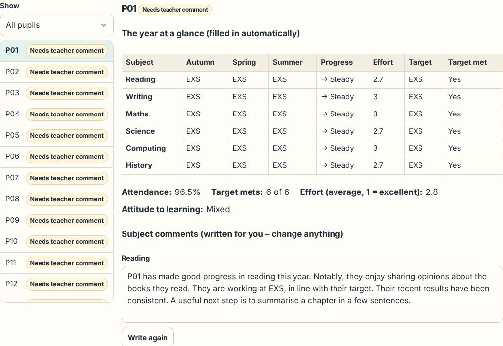 A report written by the tool: the year's statistics and subject comments are filled in; the teacher adds the personal comment, with their notes beside it.
