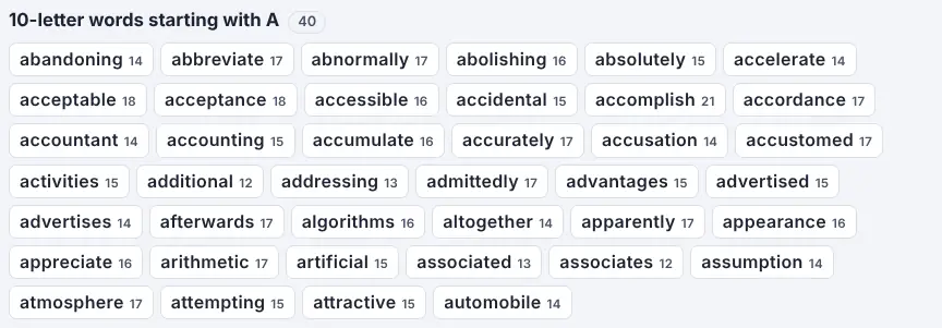 Screenshot of the 10-Letter Words on Unscramble Words 4U, ready to use