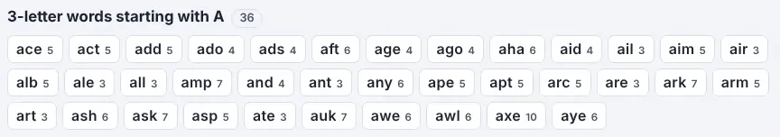 Screenshot of the 3-Letter Words on Unscramble Words 4U, ready to use