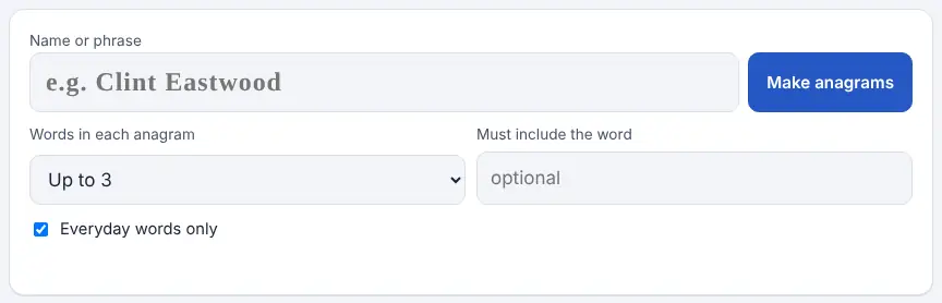 Screenshot of the Anagram Generator on Unscramble Words 4U, ready to use