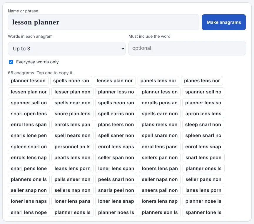Screenshot of the Anagram Generator showing results for the example “lesson planner”