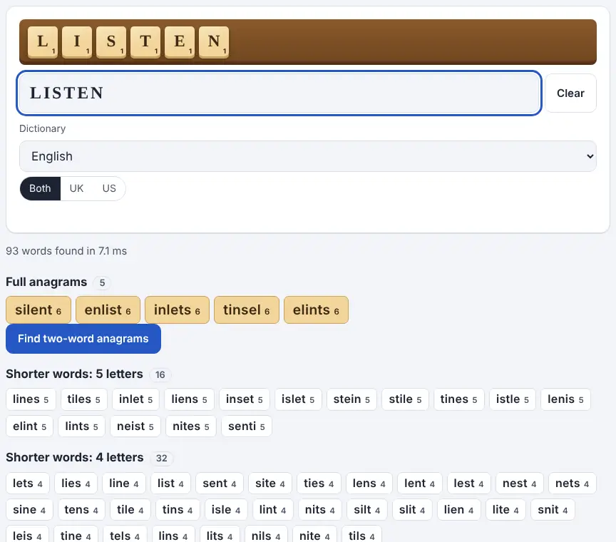 Screenshot of the Anagram Solver showing results for the example “listen”