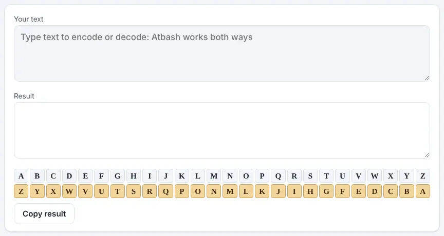 Screenshot of the Atbash Cipher on Unscramble Words 4U, ready to use