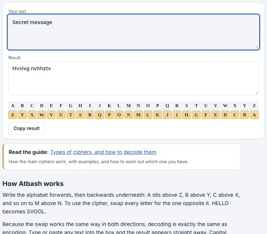 Screenshot of the Atbash Cipher showing results for the example “Secret message”