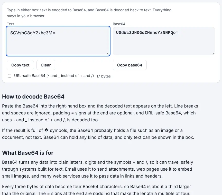 Screenshot of the Base64 Decode showing results for the example “SGVsbG8gY2xhc3M=”