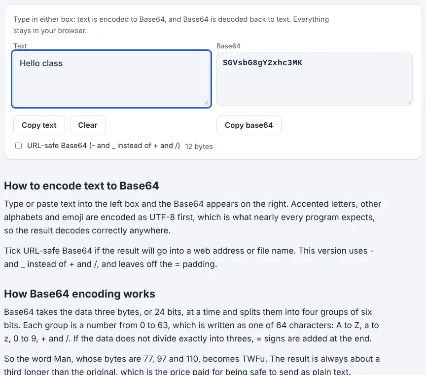 Screenshot of the Base64 Encode showing results for the example “Hello class”