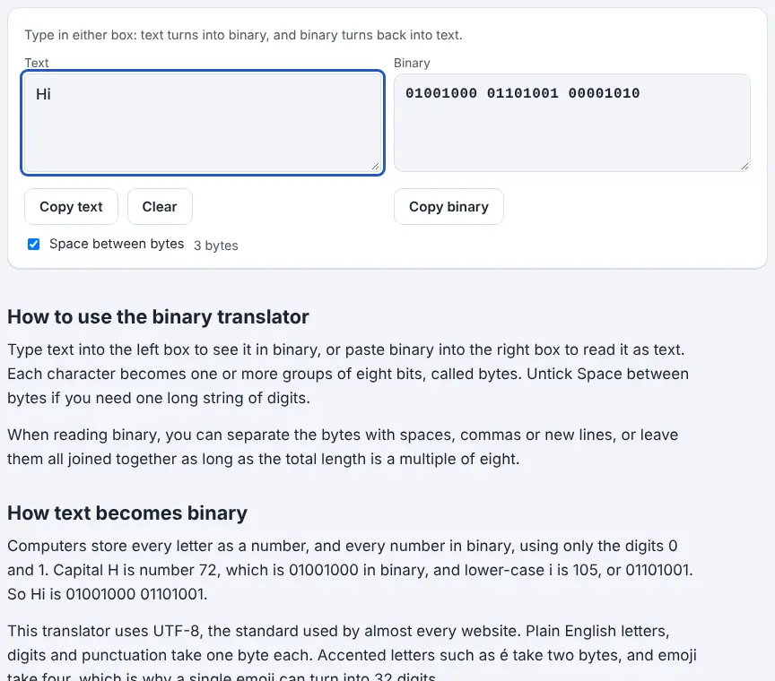 Screenshot of the Binary Translator showing results for the example “Hi”