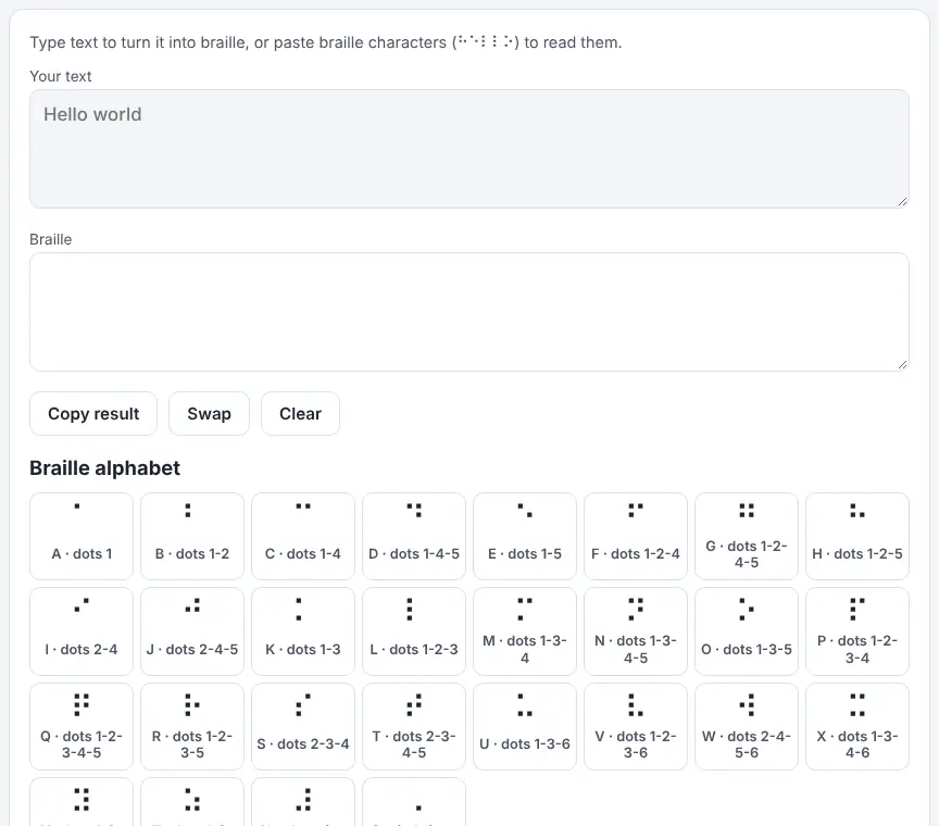 Screenshot of the Braille Translator on Unscramble Words 4U, ready to use