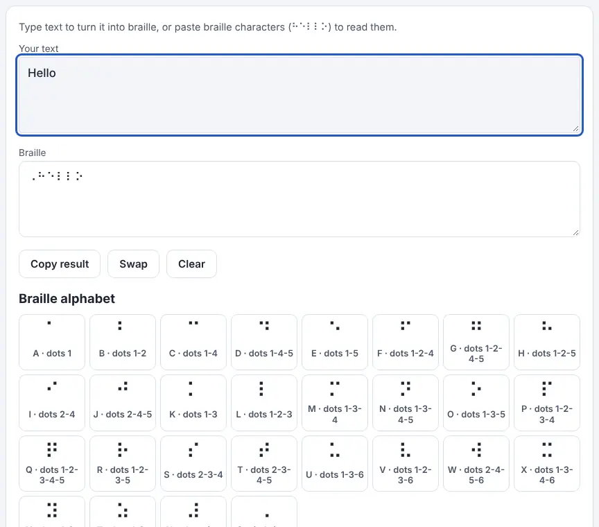 Screenshot of the Braille Translator showing results for the example “Hello”