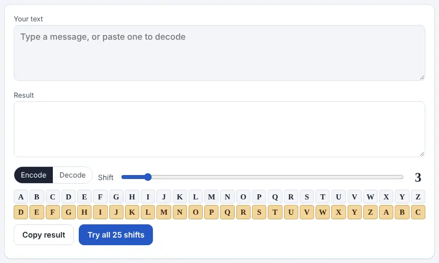 Screenshot of the Caesar Cipher on Unscramble Words 4U, ready to use