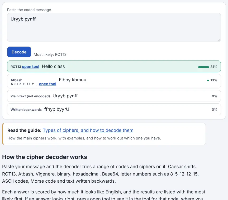 Screenshot of the Cipher Decoder showing results for the example “Uryyb pynff”
