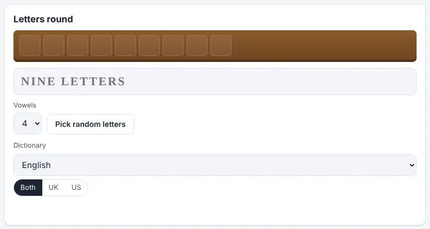 Screenshot of the Countdown Solver on Unscramble Words 4U, ready to use