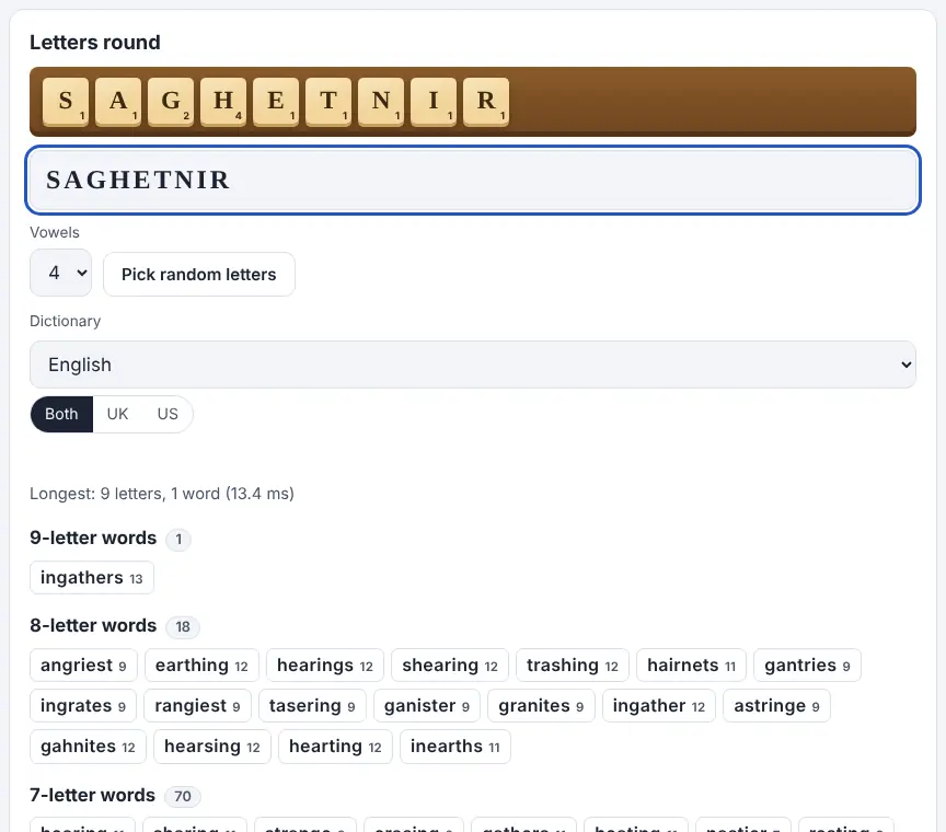 Screenshot of the Countdown Solver showing results for the example “SAGHETNIR”