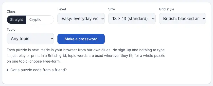 Screenshot of the Crossword Generator on Unscramble Words 4U, ready to use