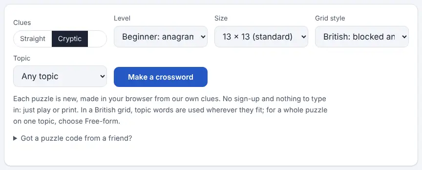 Screenshot of the Cryptic Crossword Generator on Unscramble Words 4U, ready to use