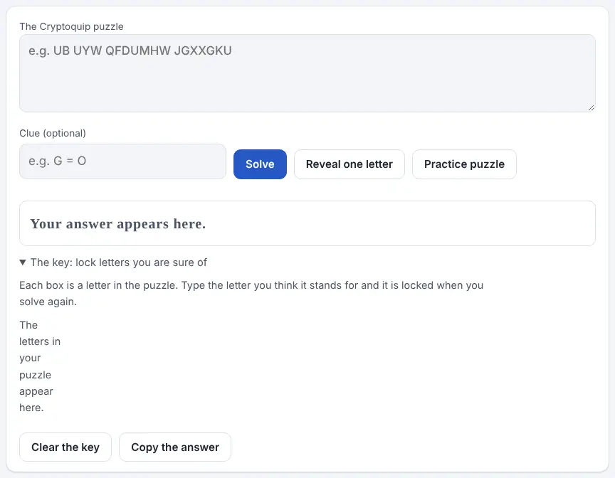 Screenshot of the Cryptoquip Solver on Unscramble Words 4U, ready to use