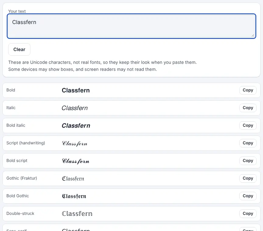 Screenshot of the Fancy Text Generator showing results for the example “Classfern”
