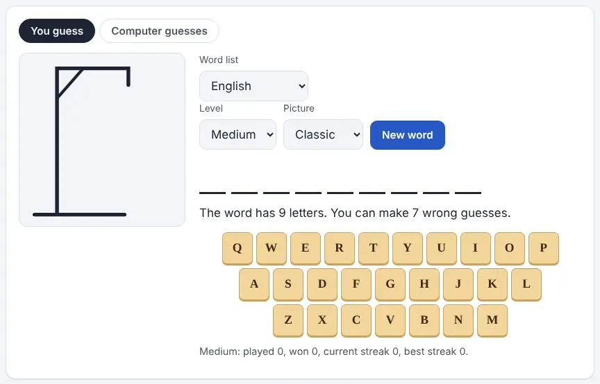 Screenshot of the Hangman on Unscramble Words 4U, ready to use