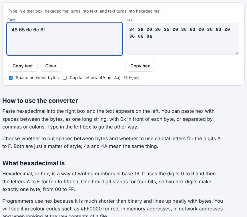 Screenshot of the Hex to Text Converter showing results for the example “48 65 6c 6c 6f”
