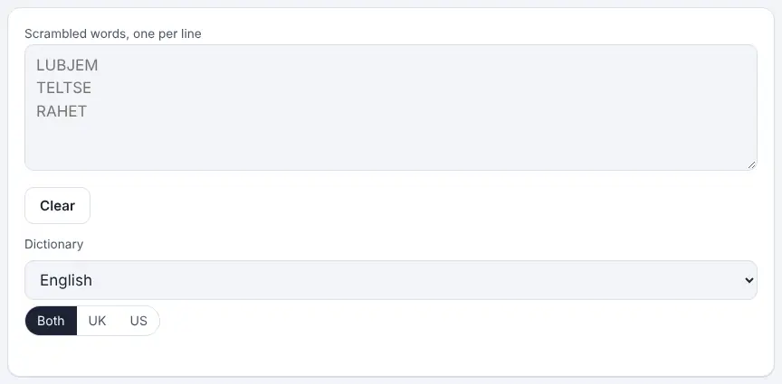 Screenshot of the Jumble Solver on Unscramble Words 4U, ready to use