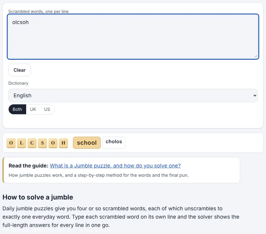 Screenshot of the Jumble Solver showing results for the example “olcsoh”