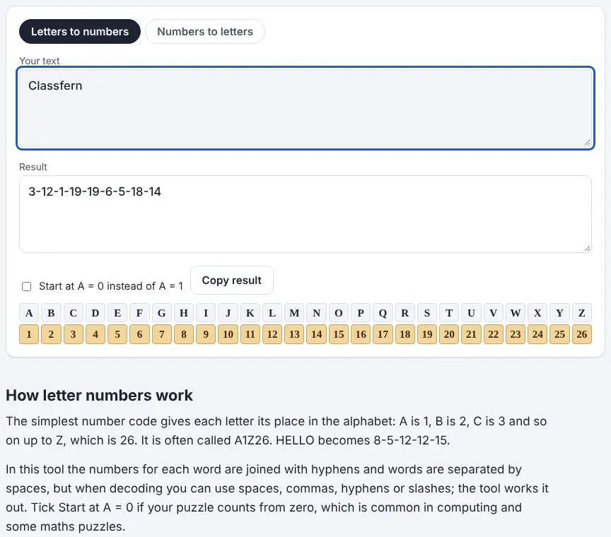 Screenshot of the Letters to Numbers showing results for the example “Classfern”