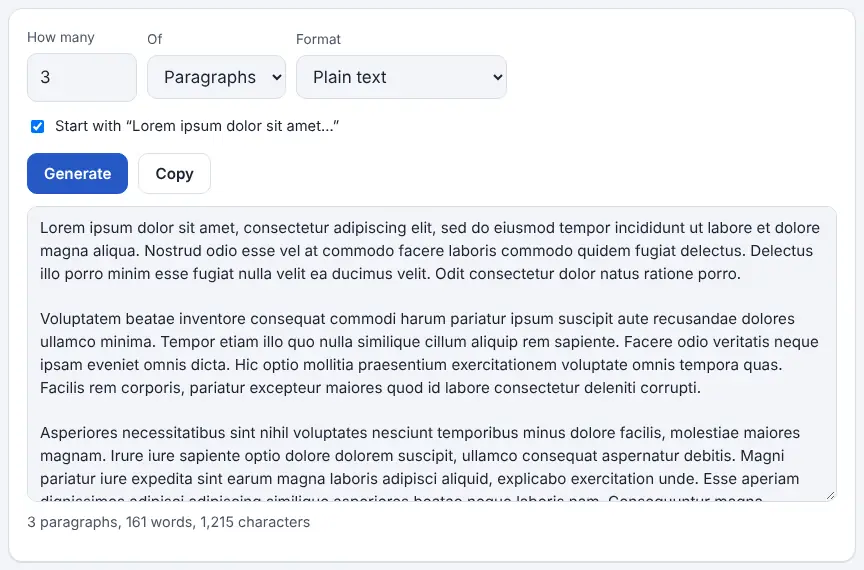 Screenshot of the Lorem Ipsum Generator on Unscramble Words 4U, ready to use