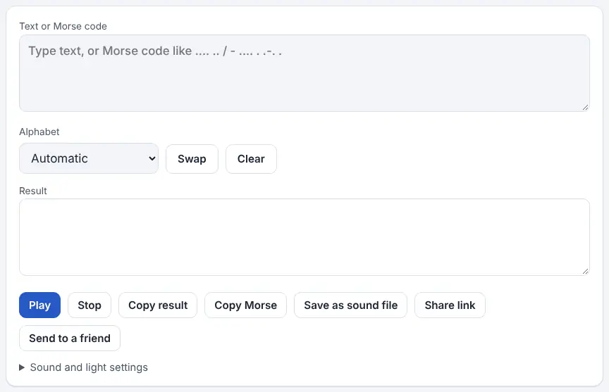 Screenshot of the Morse Code Translator on Unscramble Words 4U, ready to use