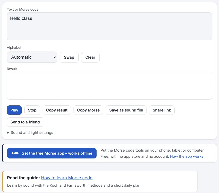 Screenshot of the Morse Code Translator showing results for the example “Hello class”
