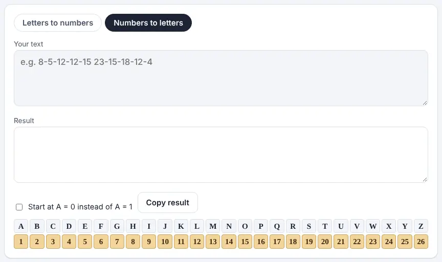 Screenshot of the Number to Letter Converter on Unscramble Words 4U, ready to use
