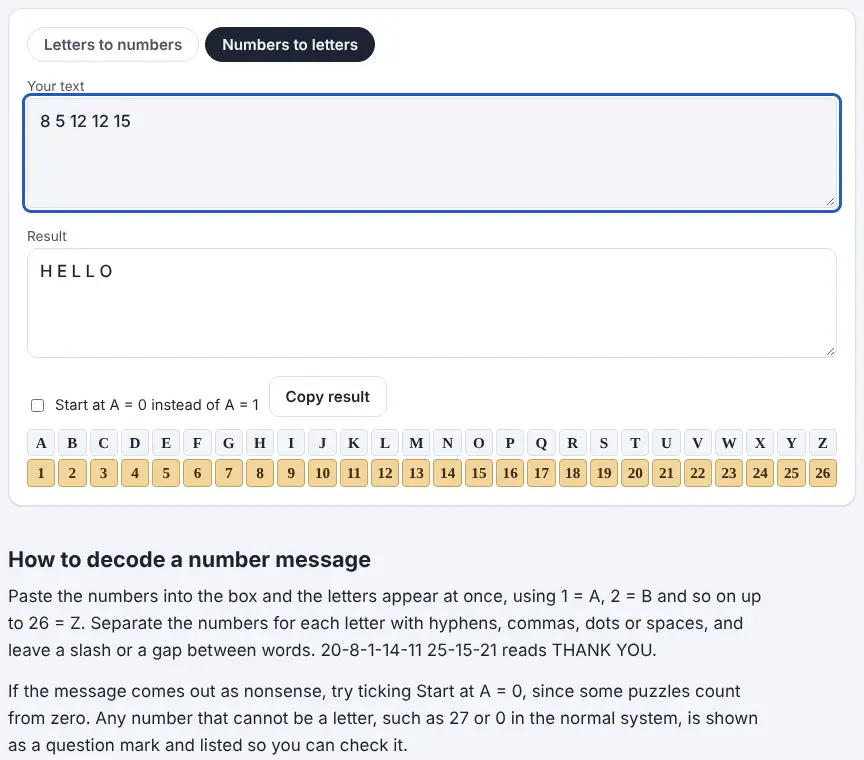 Screenshot of the Number to Letter Converter showing results for the example “8 5 12 12 15”