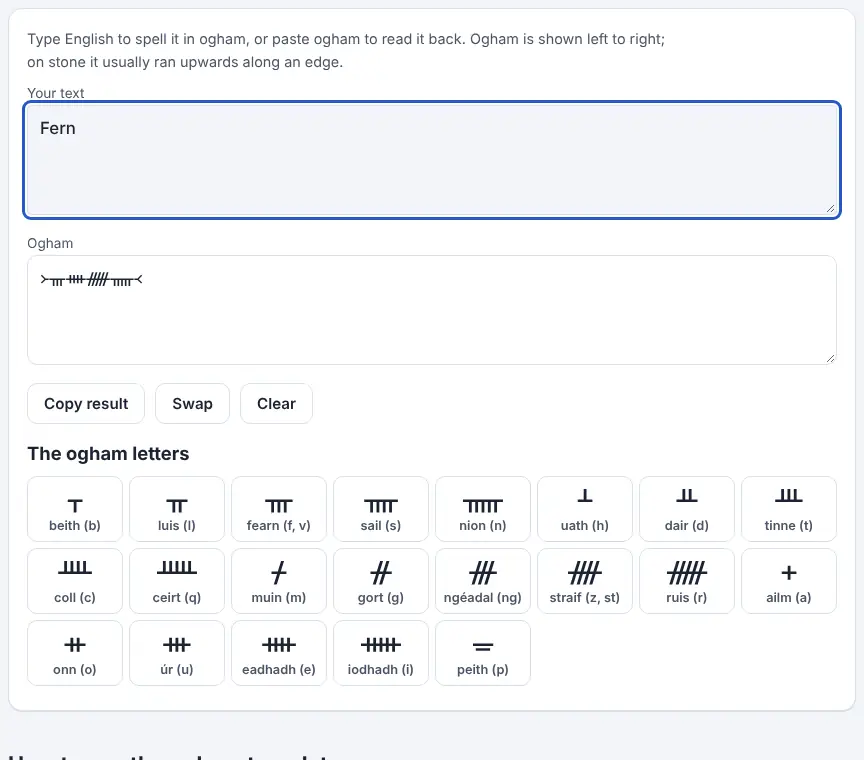 Screenshot of the Ogham Translator showing results for the example “Fern”
