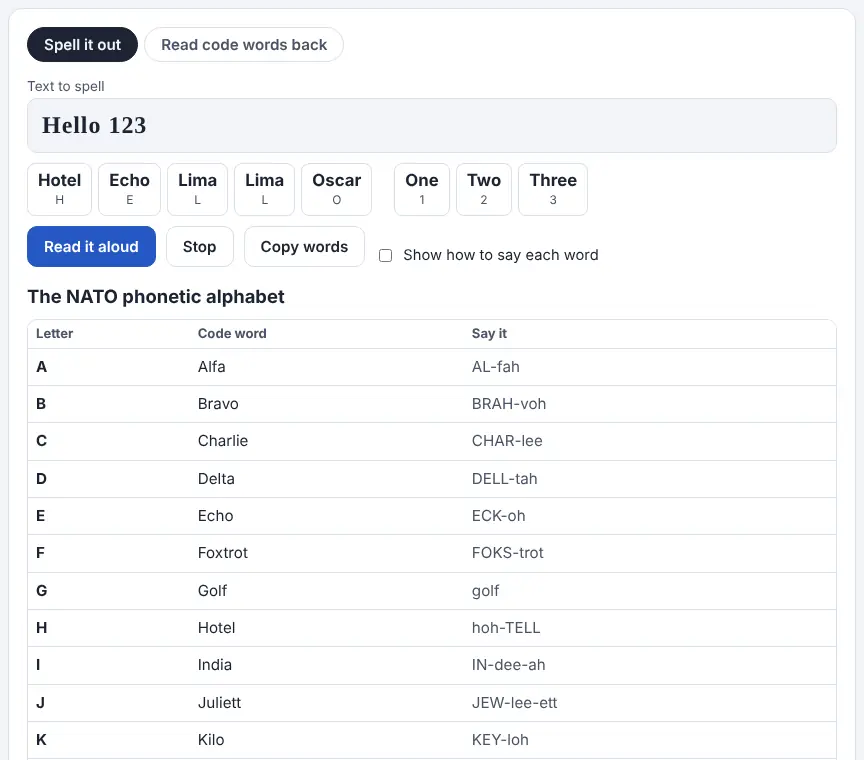Screenshot of the NATO Phonetic Alphabet on Unscramble Words 4U, ready to use