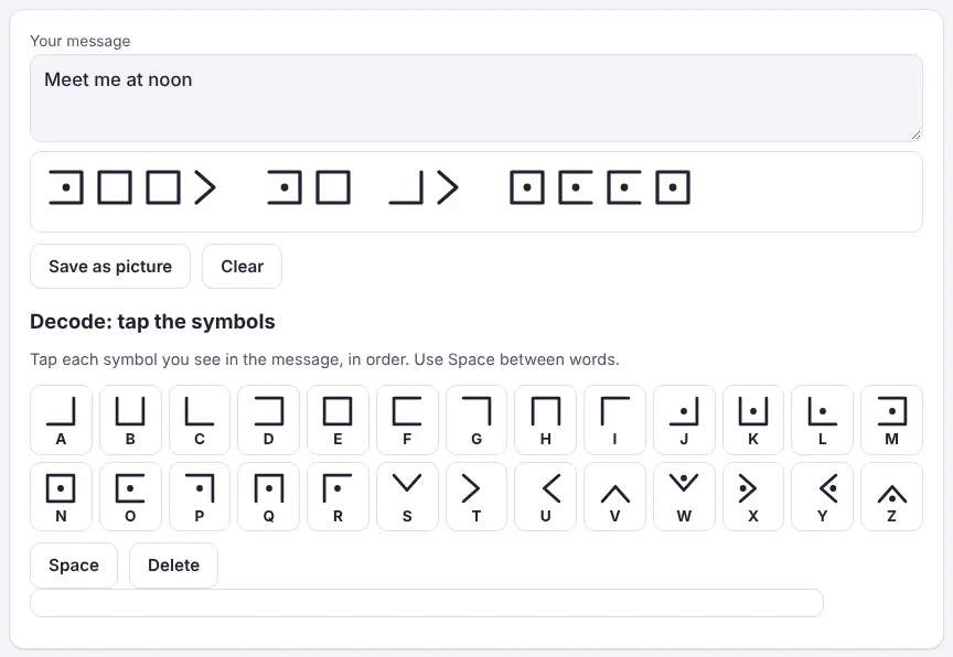 Screenshot of the Pigpen Cipher on Unscramble Words 4U, ready to use