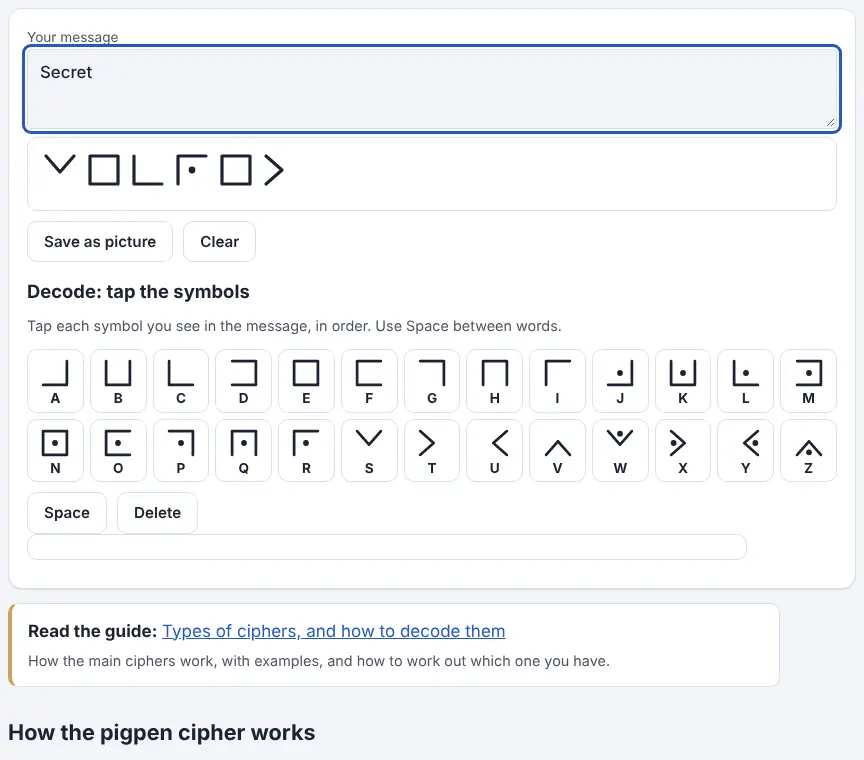 Screenshot of the Pigpen Cipher showing results for the example “Secret”