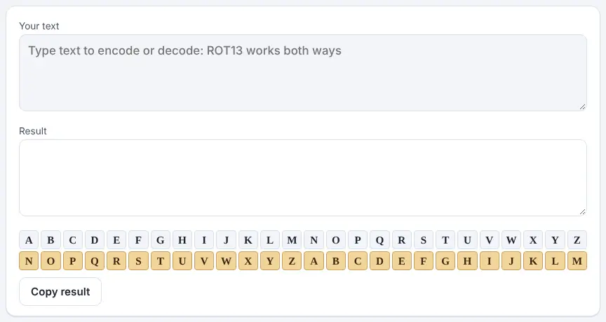 Screenshot of the ROT13 on Unscramble Words 4U, ready to use