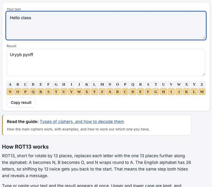 Screenshot of the ROT13 showing results for the example “Hello class”