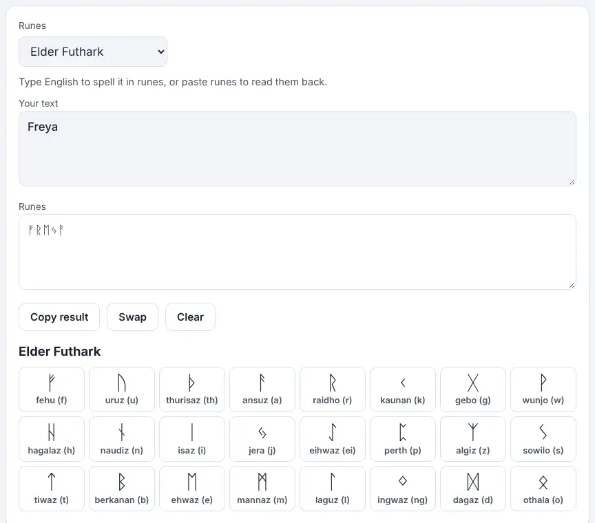 Screenshot of the Rune Translator on Unscramble Words 4U, ready to use
