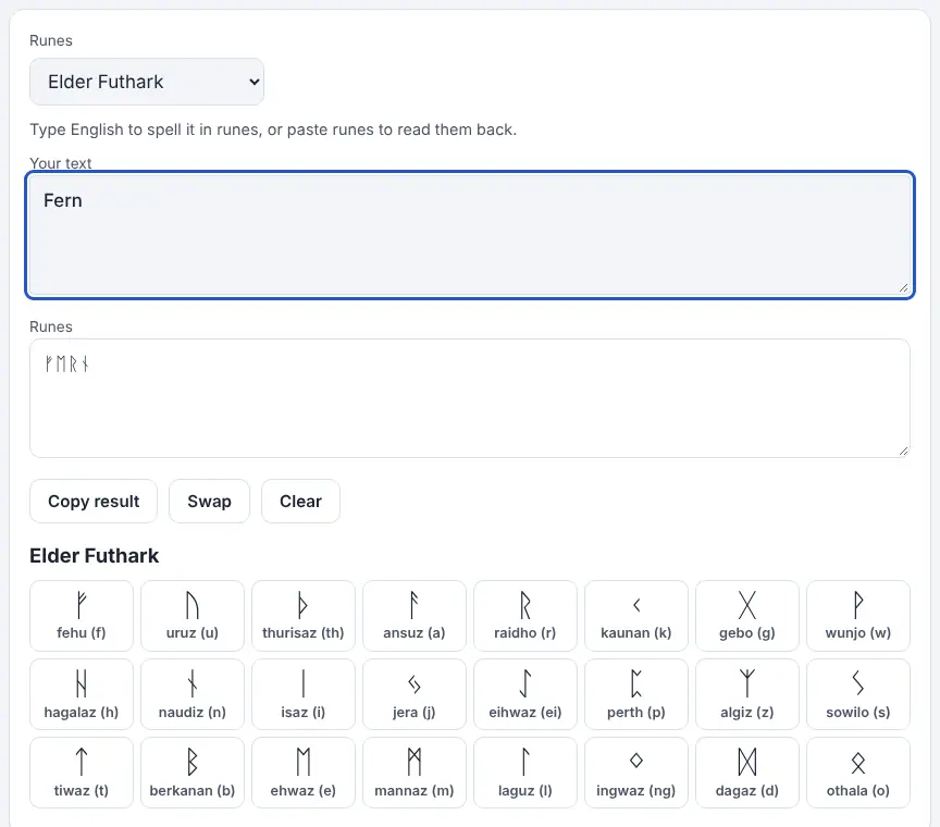Screenshot of the Rune Translator showing results for the example “Fern”