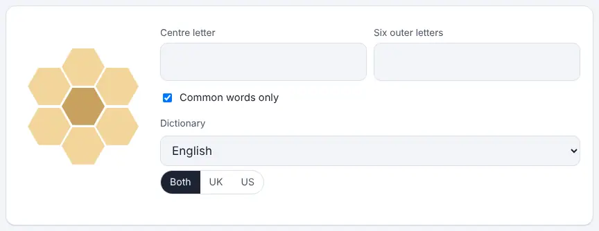 Screenshot of the Spelling Bee Solver on Unscramble Words 4U, ready to use