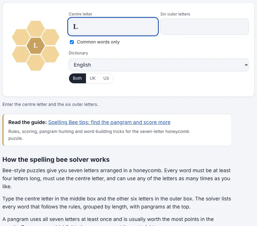 Screenshot of the Spelling Bee Solver showing results for the example “lessonp”