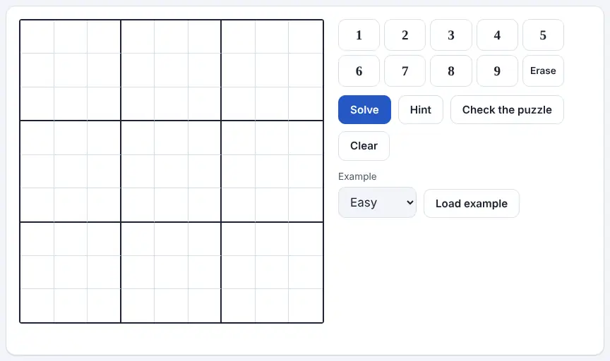 Screenshot of the Sudoku Solver on Unscramble Words 4U, ready to use