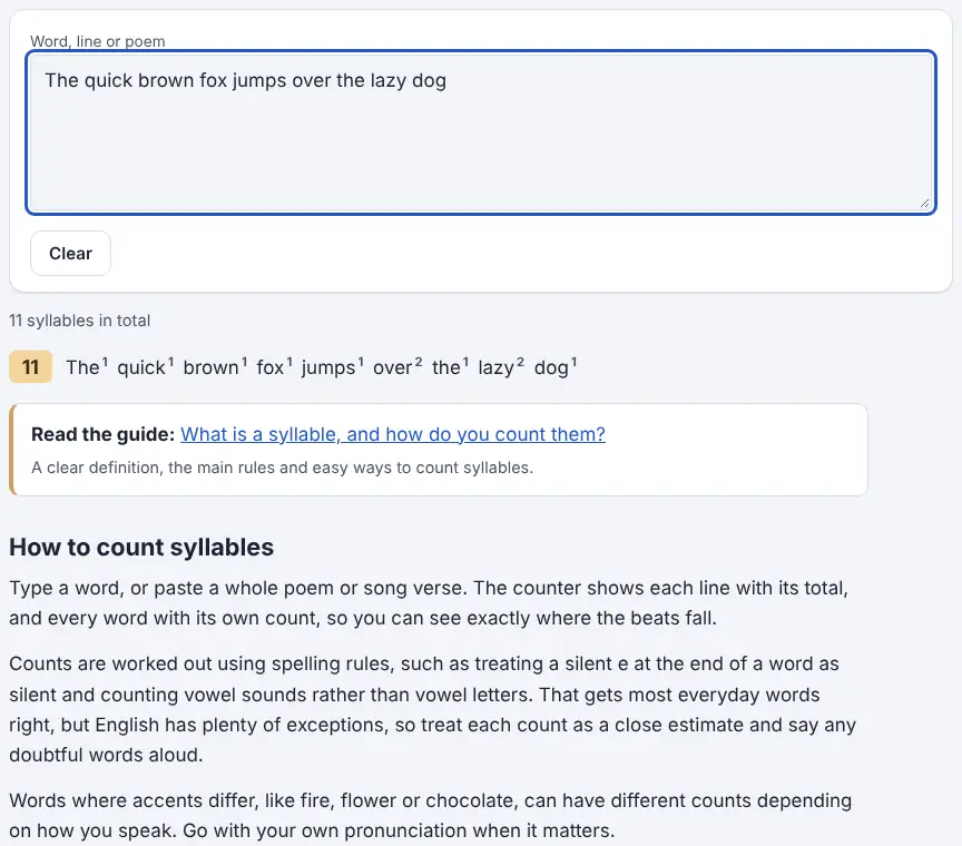 Screenshot of the Syllable Counter showing results for the example “The quick brown fox jumps over the lazy dog”